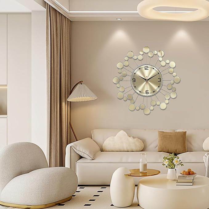 Wall Clock 22.8 Inch Silver Starburst - Silent Non-Ticking Battery Operated Large Round Sunburst Clock for Living Room, Bedroom, Kitchen, Office - Elegant Home Decor Wall Watch