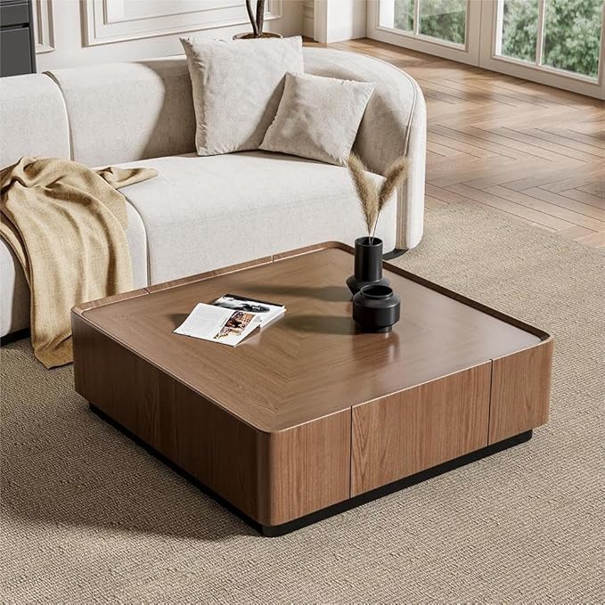 Square Coffee Table Premium Wood Center Table with Hidden Drawers for Living Room,Fully Assembled Elegant Walnut Finish (35.4" Inch)