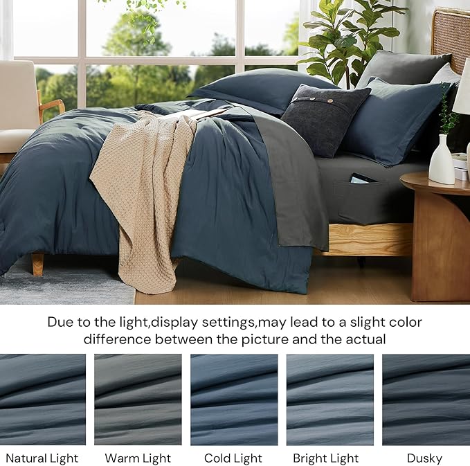 WRENSONGE Full Size Comforter Set- 7 Pieces Blue Grey Bed in a Bag Full Size Comforter with Fitted Sheet, Flat Sheet, 2 Pillow Shams, 2 Pillowcases, Warm Bedding Sets for All Season