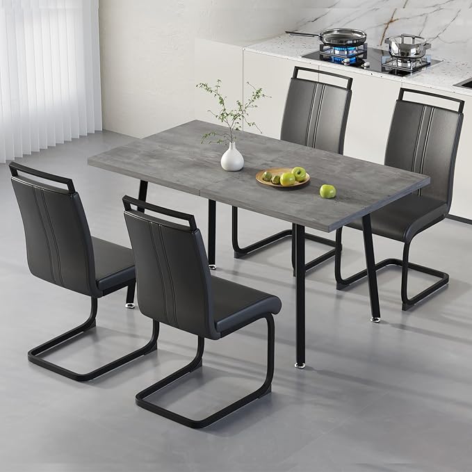 5 Piece Dining Table Set for 4-6,55-71" Extendable Dining Table Set with 4 Upholstered Chairs,Rectangle Kitchen Table Set for Small Space,Dining Room and Office,Grey