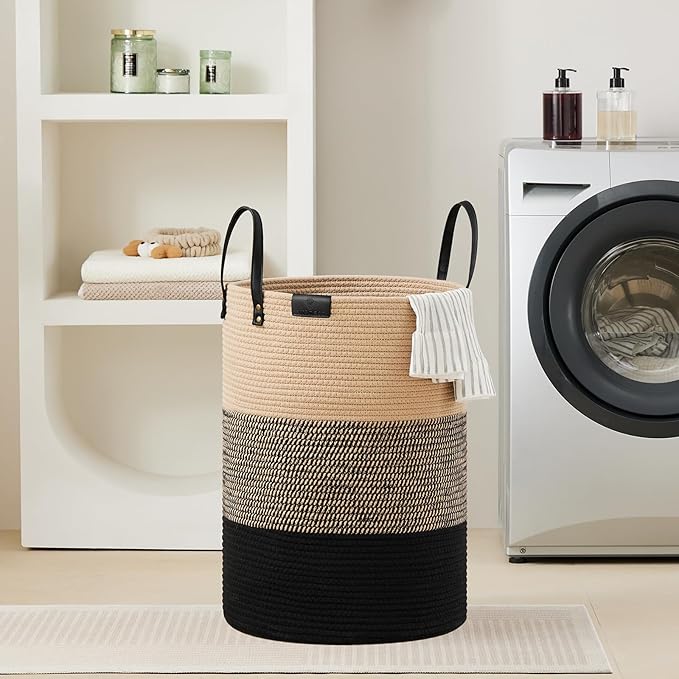 VIPOSCO Tall Laundry Basket, Large Dirty Clothes Hamper with Leather Handle, Woven Rope Storage Basket for Blanket, Toy In Living Room, Bathroom, Bedroom - 100L Brown & Black
