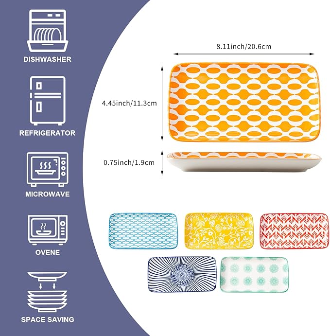 Rectangle Serving Plates Set - 8 Inch Rectangular Ceramic Dinner Appetizer Dishes - Porcelain Platter for Sushi Salad Dessert Pasta - Oven Microwave Dishwasher Safe - Set of 6 - Assorted Colors