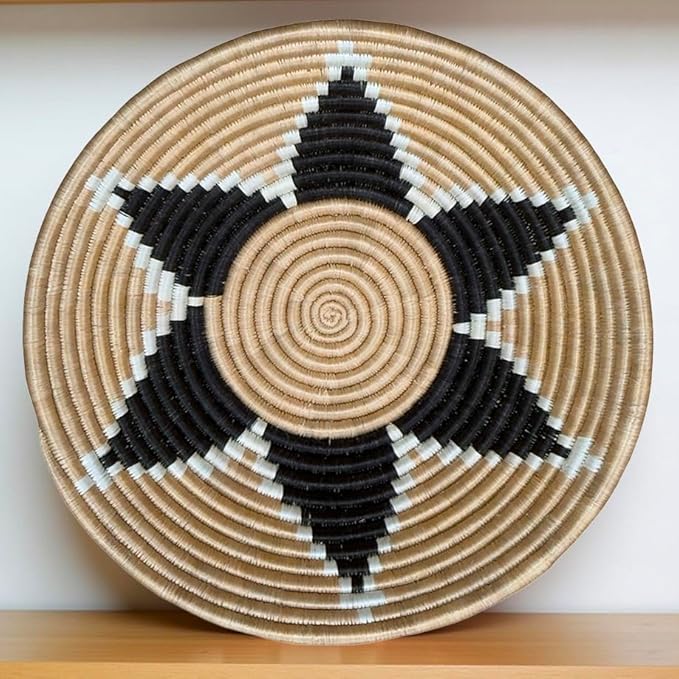 Handwoven African Basket Handmade sisal Fruit Bowl Wall Hanging decorative Baskets for Home Living Room Kitchen Centerpiece Zen Designs Arts and Crafts (Tan Black Natural, 12in diameter)