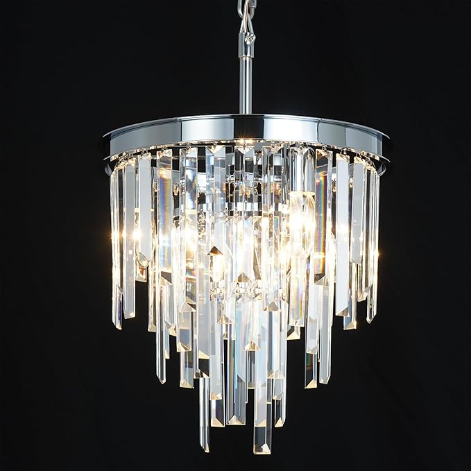 13.8'' Modern Crystal Chandelier, Chrome Round Ceiling Light with Clear Prisms, Luxury Flush Mount Lighting Fixture for Dining Room Bedroom Foyer