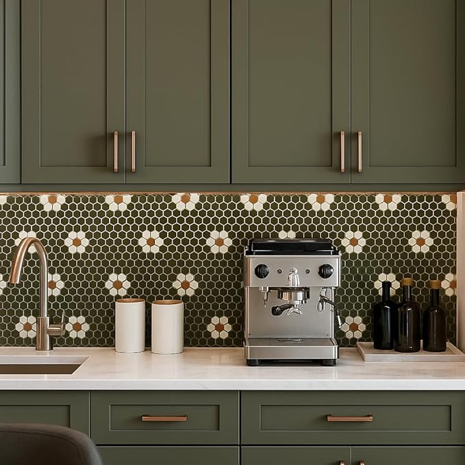 Tenedos Hexagon Glossy Green & White Flower Porcelain Mosaic Tile – Kitchen Backsplash, Bathroom Wall & Shower Floor Tile (5 Sheets)