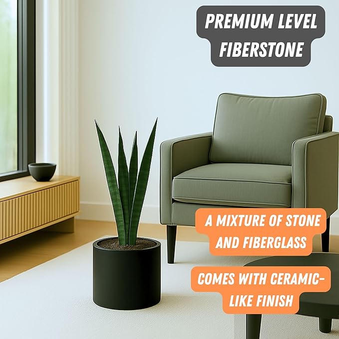 Fox & Fern 8 Inch Black Plant Pot with Drainage Plug — Premium Lightweight Fiberstone Matte Black Planter; 8 Inch Pots for Plants; for Indoor & Outdoor Use; Weather Resistant & UV Resistant