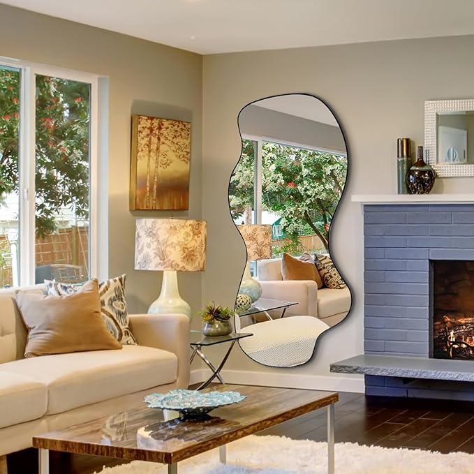 POZINO Irregular Mirror Full Length, Large Asymmetrical Wall Mirror, 63"x30" Wavy Shaped Mirrors, Modern Frameless Decorative Mirrors for Dressing Living Room Bathroom Bedroom Hallway Entryway