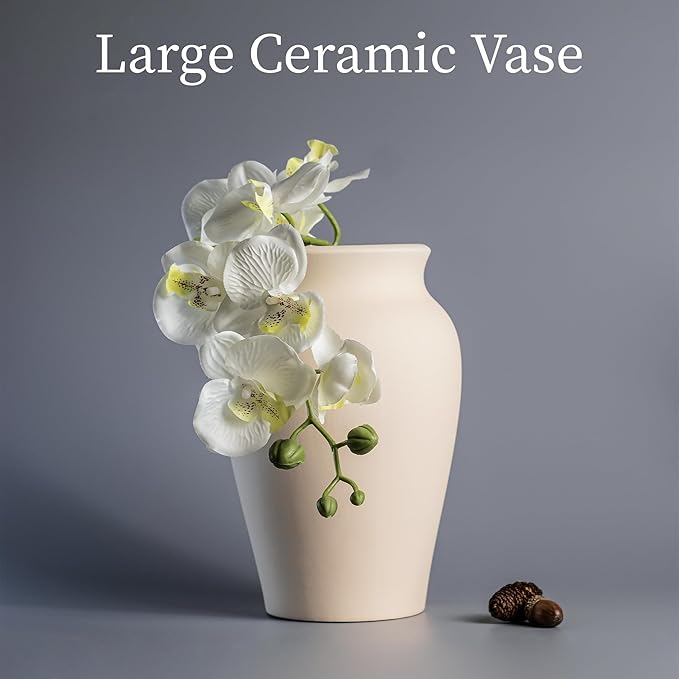 Beige Ceramic Vase Home Decor, 9 Inch Ceramic Wide Mouth Pottery Vase for Farmhouse, Vintage Terracotta Rustic Decor for Living Room, Entryway, Floor, Mantel Decoration