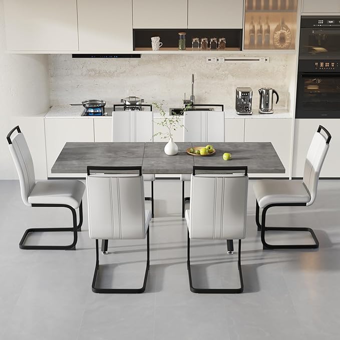 7 Piece Dining Table Set for 6-8,55-71" Extendable Dining Table Set with 6 Upholstered Chairs,Rectangle Kitchen Table Set for Small Space,Dining Room and Office,Grey