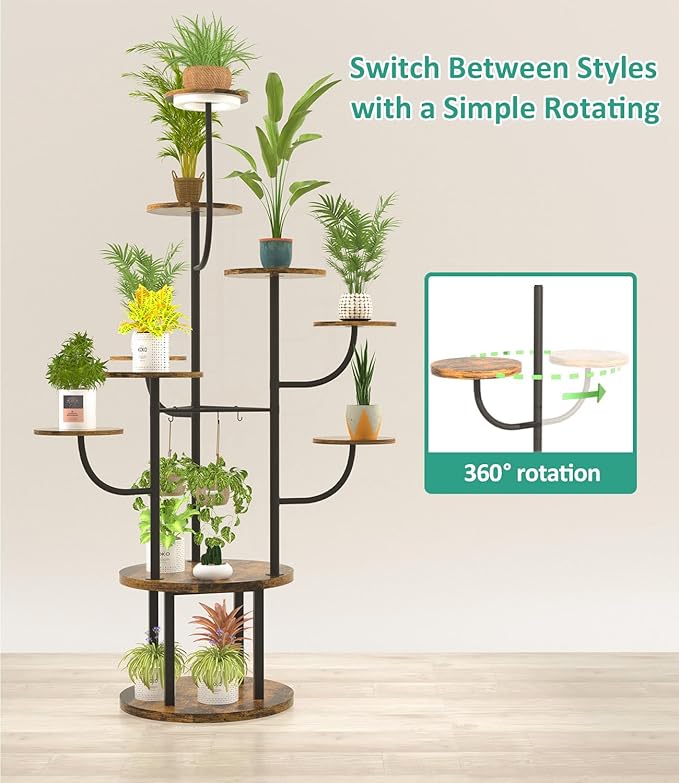60" Tall Indoor Plant Stand 10 Tiered Adjustable with Grow Light,Metal Rotating Plant Shelf for Multiple Plant Display Indoor, Flower Holder Stand for Living Room,Bedroom,Office,Balcony