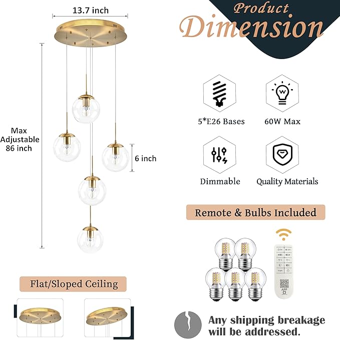 KoKo&Yukina 5-Light Globe Glass Pendant Light Adjustable Length Pendant Lights Modern Gold Clear Globe Glass Chandelier High Ceiling Lights Fixtures for Foyer Staircase Entryway (Bulb & Remote Incl.)