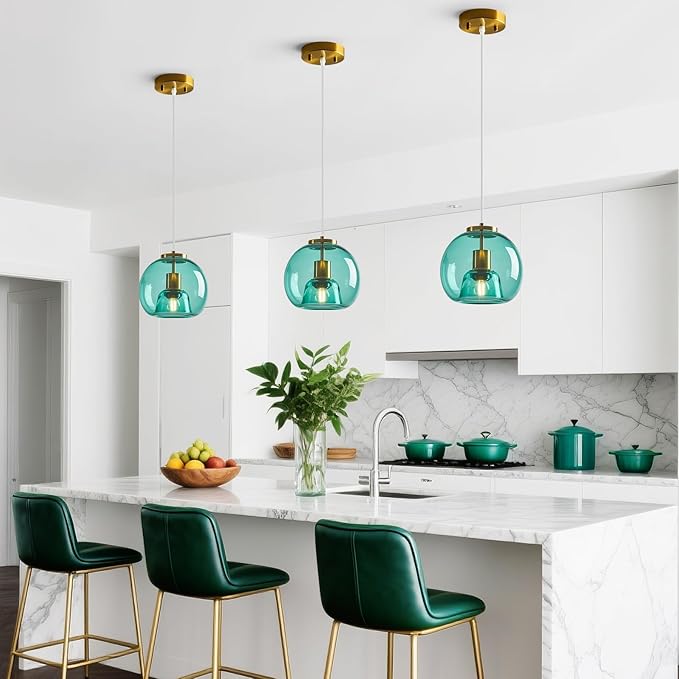 Light Blue Glass Pendant Lights Kitchen Island Gold Hanging Light Fixture Glass Globe Pendant Light Modern Pendant Lighting for Kitchen Island Bedroom Dining Room (7.87", 2 Pack)