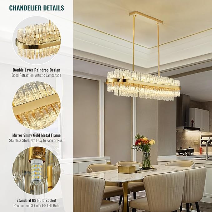 Siljoy Modern Crystal Chandelier Gold Rectangular 2-Tiers K9 Crystal Raindrop Chandelier Luxury Oval Crystal Ceiling Light Fixture for Dining Room Living Room Kitchen Bar L47'', G9 x 28
