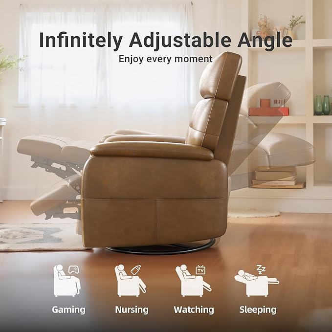 Overized Power Swivel Rocker Recliner Chair,PU Leather Sofa Reclining for Adults,Adjustable Rocker Reclining Sofa Lounge with USB&Type-C Ports,Side Pocket,for Living Room,Light Brown
