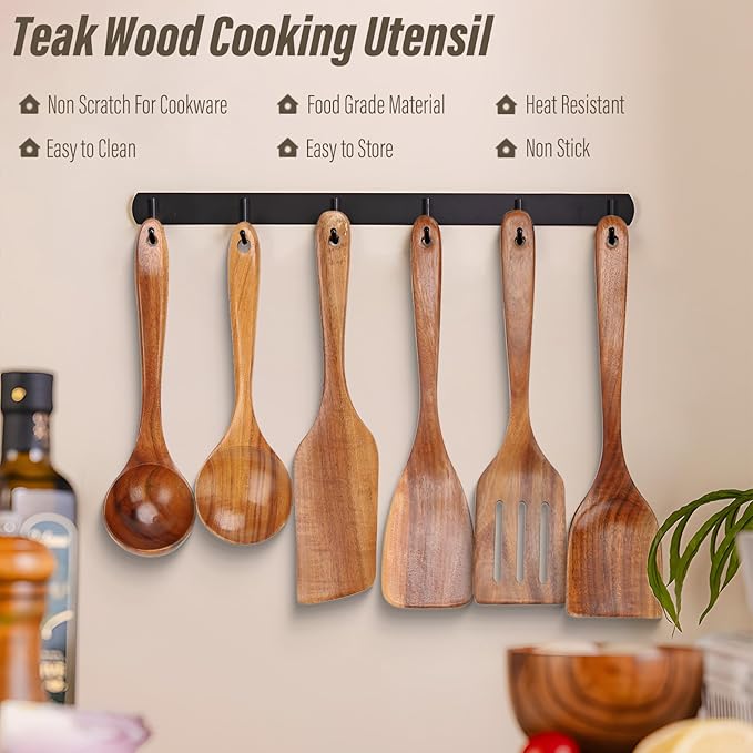 ANBUY Wooden Kitchen Utensil Set, 10 Pcs Wooden Spoons for Cooking, Non Toxic Teak Wood Utensils Set for Serving, Mixing and Frying, BPA Free Wood Spatula, Turner, Ladle, Tongs and Whisk