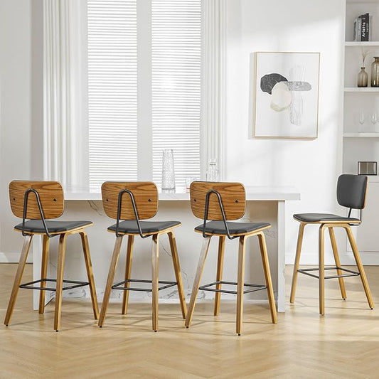 Counter Height Bar Stools Set of 4, PU Leather Upholstered Barstools with Backs, Bent Wood Legs, 26 Inch Seat Height, Mid Century Modern Counter Stools for Kitchen Island, Black