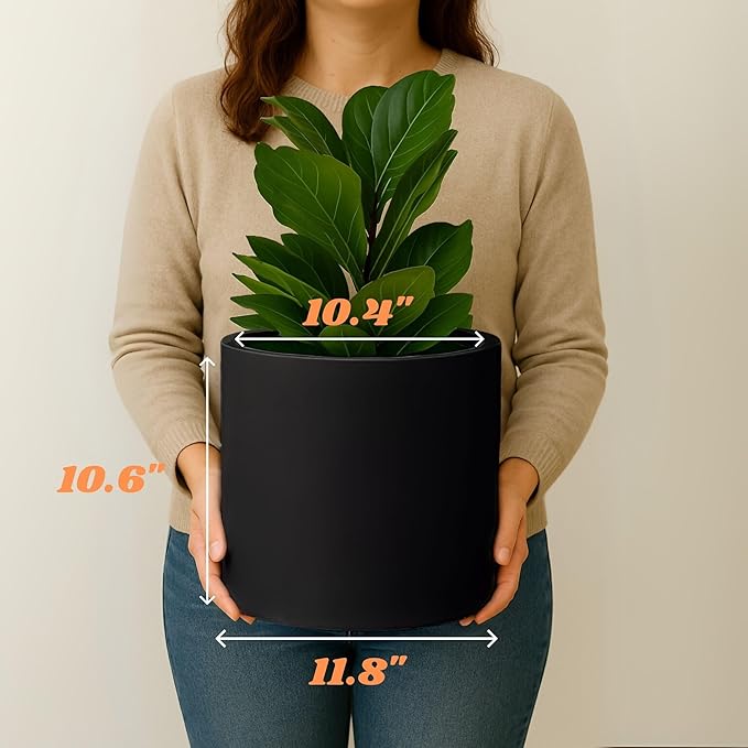 Fox & Fern Large 12 Inch Black Plant Pot — Premium Lightweight Fiberstone Matte Black Planter w Drainage Plug; Large Indoor & Outdoor Planter; 12 Inch Pots for Plants; Weather Resistant & UV Resistant