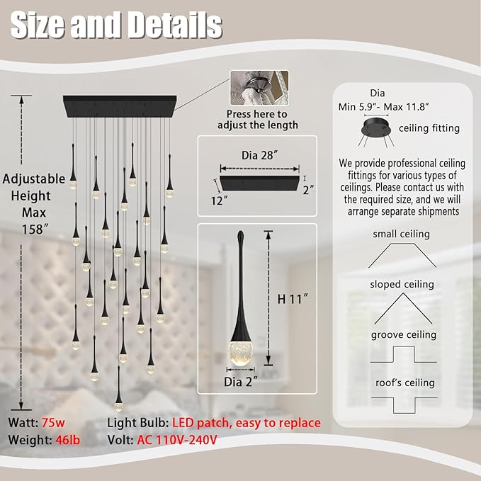 24-Lights Rectangular Chandelier Crystal Raindrop Chandeliers Flush Mount Ceiling Light for Dining Room Living Room High Ceiling Chandelier for Staircase Foyer Entryway Black Chandeliers