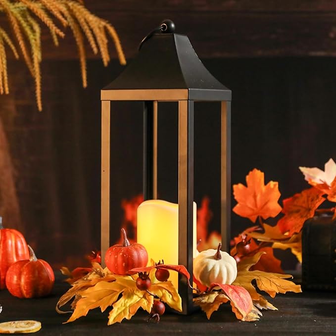 Bdor 2 Pack Fall Lantern Decor with LED Candle – 15.7 Inch Harvest Pumpkin Maple Leaf Hanging Lantern for Autumn Thanksgiving Table Centerpiece Indoor Outdoor Decoration, Battery Operated