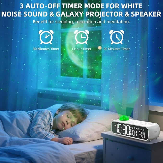 White Noise Sound Machine with Clock for Baby Kids Adults, with 8 Soothing Sounds for Office & Sleeping, 30/60/90 Mins Timer, Bluetooth Speaker, Star Projector Galaxy Light for Home, Travel
