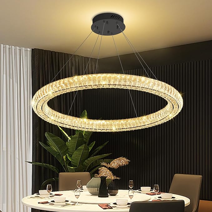 Dimmable LED 31.5" Ring Chandelier Adjustable Black Round Crystal Chandelier for Dining Room Living Room