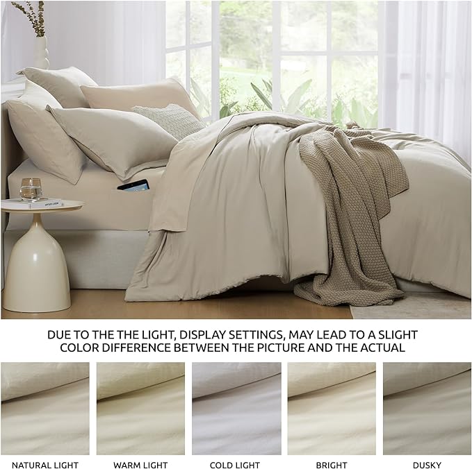 WRENSONGE King Size Comforter Set, 7 Pieces Soft Light Oatmeal Bed in a Bag King with Fitted Sheet, Flat Sheet, 2 Pillow Shams, and 2 Pillowcases- Warm Bedding Set for All Season