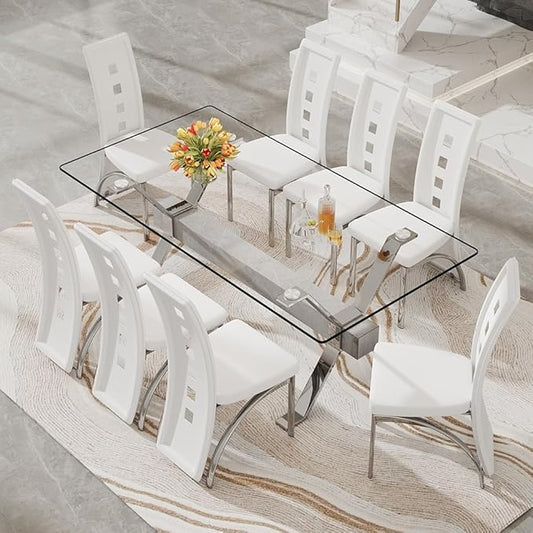 71'' Glass Dining Table Set for 8,9 Piece Dining Table Set with Tempered Glass Tabletop and Open‑Frame X‑Shaped Metal Base,Kitchen Table and Chairs Ideal for Dining Room&Home Office