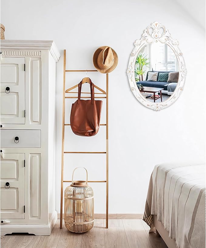 White Oval Wood Mirror for Wall Vintage Framed Hanging Bedroom Wall Mirror Rustic Bathroom Mirrors Wall Mirrors Decorative for Home Vanity Living Room Entryway 24"x16"