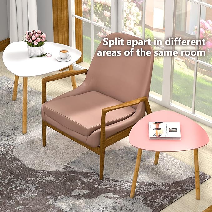 Bambloom Bamboo Nesting Coffee Tables - Small Coffee Table for Living Room, Set of 2 Triangle End Table Modern Side Table for Bedroom Apartment Balcony Yard Small Spaces, (White & Pink)