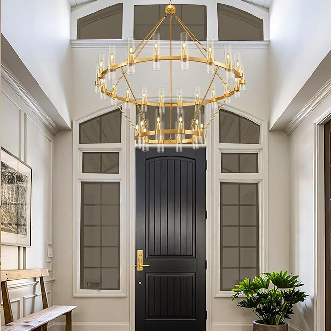 2 Tier Gold Wagon Wheel Chandelier, 60 Inch Farmhouse Chandelier with Glass Tube, 30-Light Large Round Chandeliers for Dining Room, Living Room, Bedroom and Entryway