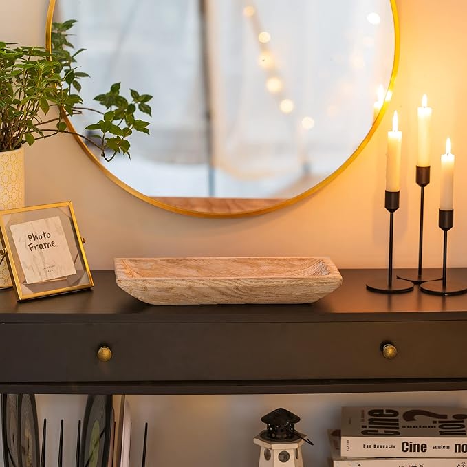 Hanobe Decorative Wood Dough Bowl: Long Wooden Bowl for Entry Way Table Home Decor - Coffee Table Decor for Living Room - Dining Table Centerpiece Decor, White