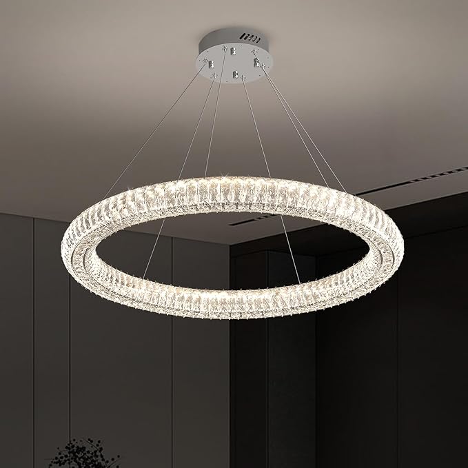 Modern Led Ring Chandelier 1 Ring Dimmable 31.5" Adjustable Round Chrome Crystal Chandelier for Dining Room Living Room