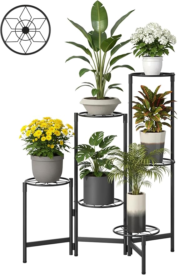 6 Tier Metal Plant Stands Outdoor Indoor, Heavy Duty Flower Pot Holder Potted Display Rack Shelf, Tall Corner Plant Shelf for Patio Garden Balcony Living Room Bedroom -BlackDiamond