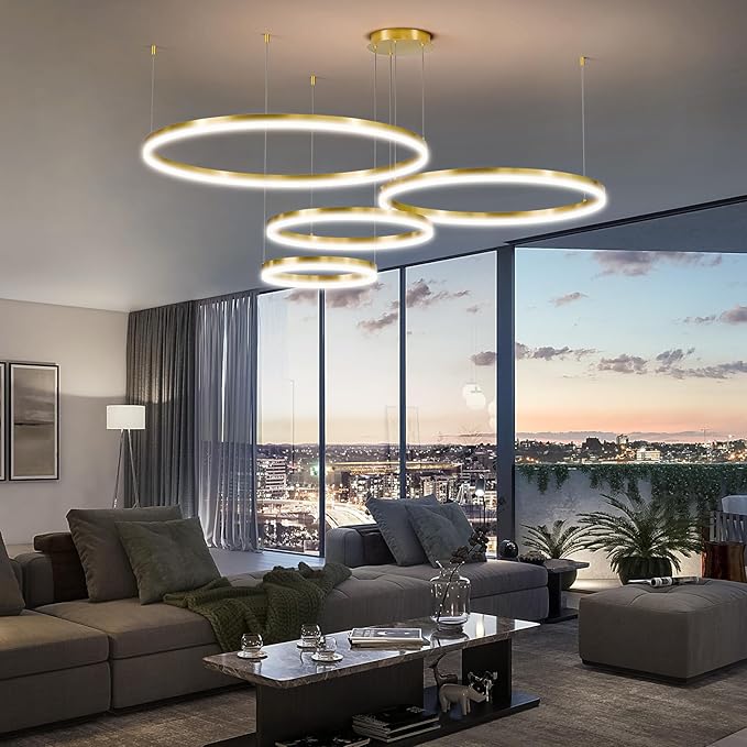 4 Rings Gold Modern LED Chandelier, Circular Dimmable Pendant Light with Remote Control, Adjustable Hanging Ceiling Lighting Over Table for Living Room, Dining Room, Foyer, Kitchen Island