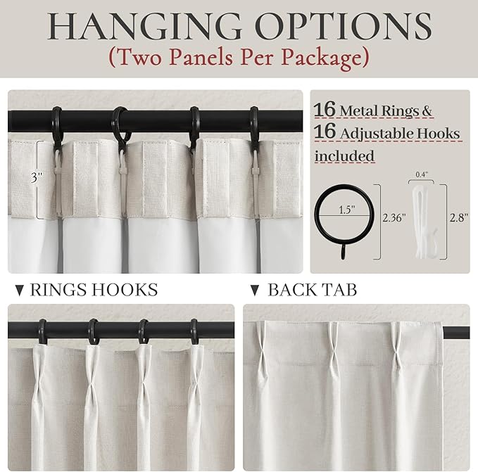 Birch Unique 80 Inch Pinch Pleated Curtains Blackout for Bedroom 2 Panel Set, Neutral Cream Linen Blend Pleat Memory Trained Drapes Room Darkening Insulated Nursery Back Tab 40x80 Inches Window Burg