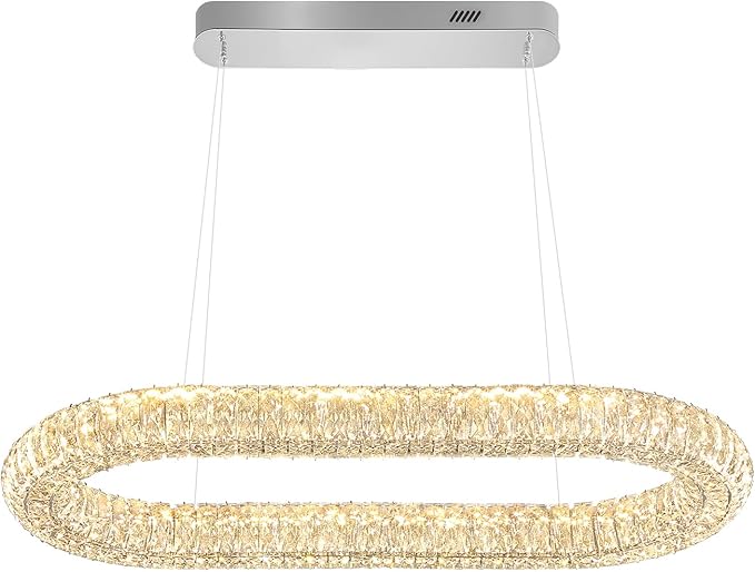 Oval Crystal Chandelier, 31.5'' Chrome Crystal Ring Pendant Light for Kitchen Island Modern Linear Oval Chandeliers for Dining Room Dimmable 3000K-6000K