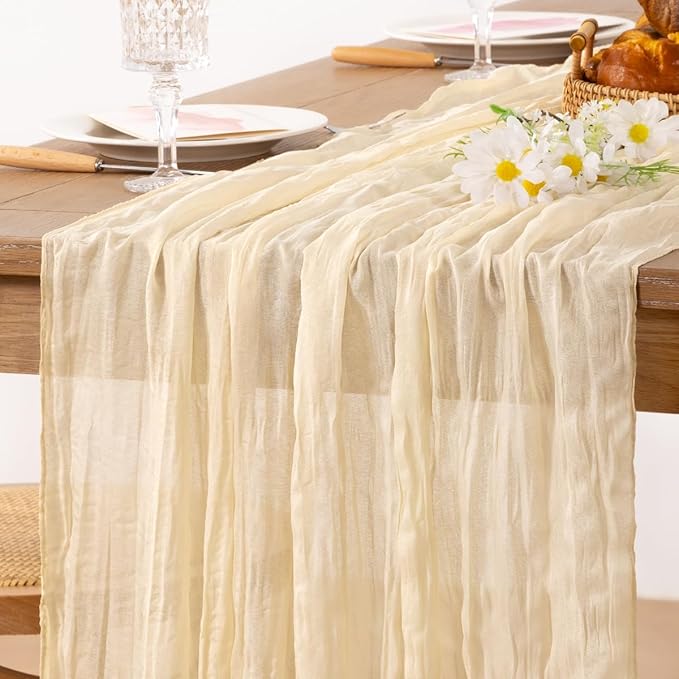 MLMC Beige Cream Cheesecloth Table Runner Extra Long 13.3ft Rustic Boho Cheese Cloth Table Runner Fall Decor 35 x 160 inches for Events Home Decor