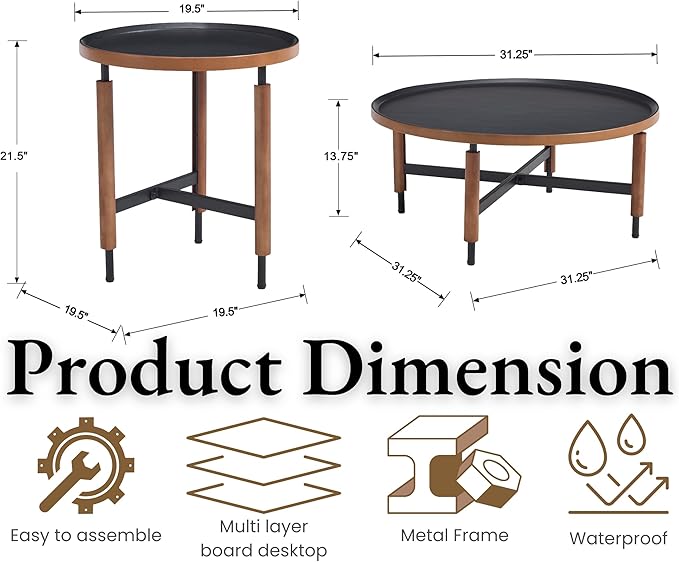 EALSON Nesting Coffee Table Set of 2 Round Coffee Tables with Black Metal Legs/Wood Top Mid Century Modern Centre Table Circle Accent Side Tables for Living Room Bedroom Walnut