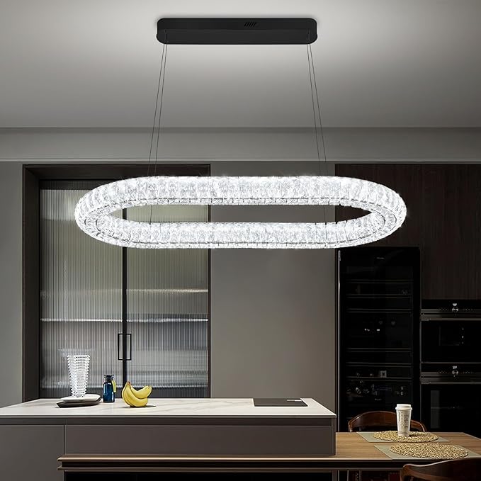 Oval Crystal Chandelier, 40'' Black Crystal Ring Pendant Light for Kitchen Island Modern Linear Oval Chandeliers for Dining Room Dimmable 3000K-6000K