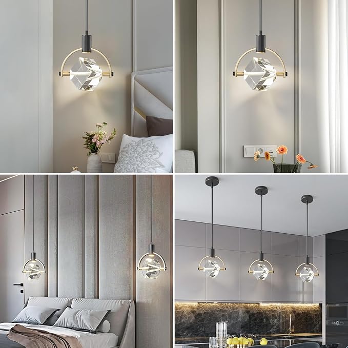 Pendant Ceiling Light Fixture for Kitchen Island, Dimmable Modern Integrated LED Hanging Light, Crystal Pendant Light in Black Gold Finish, Bedroom, Dining Room (1-Lights)