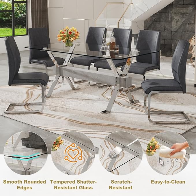 71'' Glass Dining Table Set for 6,7 Piece Dining Table Set with Tempered Glass Tabletop and Open‑Frame X‑Shaped Metal Base,Kitchen Table and Chairs Ideal for Dining Room&Home Office