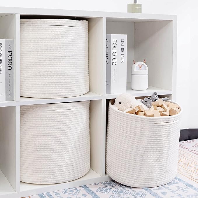 voten Storage Cubes Bins Organizer 11x11x11'' Fit 12x12''Cube Storage Bookcases Shelves,Durable Woven Cotton Basket for Organizing,Round 3Pack Off White