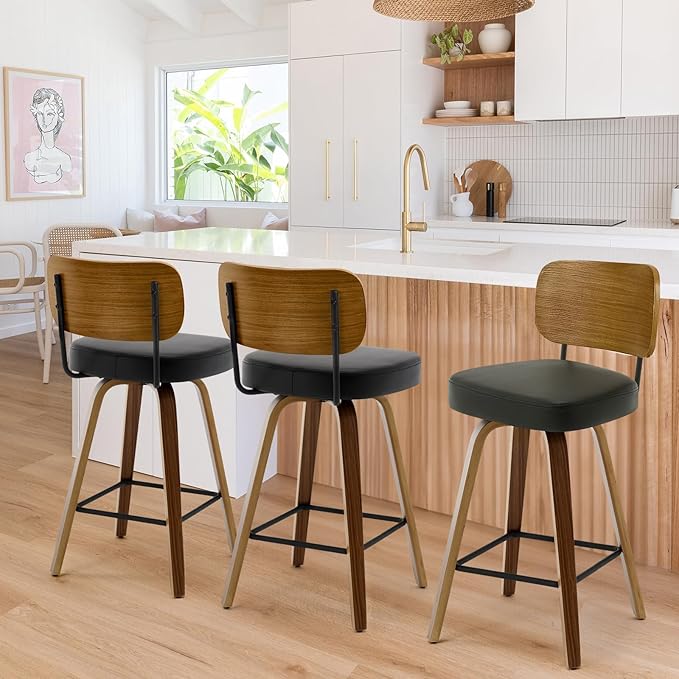 Swivel Counter Height Bar Stools Set of 4, Mid-Century Modern Upholstered Faux Leather Barstools with Wood Back, 26" Seat Height Bar Stools for Kitchen Island, Black Seat and Walnut Frame