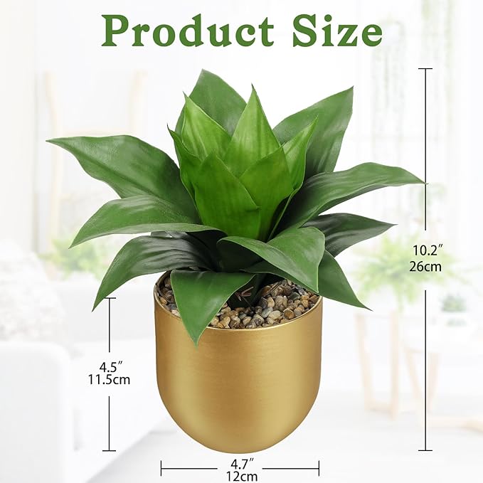 Briful Agave Artificial Wide Leaf Plant in Gold Pot – 10.2” Tall Faux Greenery with Lush Plastic Leaves & Pebble Base, Fake Plant Decor for Indoor Tabletop, Office Desk, Bathroom Shelf