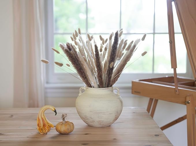 Handmade Beige White Two-Ear Ceramic Vase, Textured Pottery Vase with Two Ears for Centerpieces, Kitchen, Living Room, Bedroom Decor Gifts (Beige White*, Short)