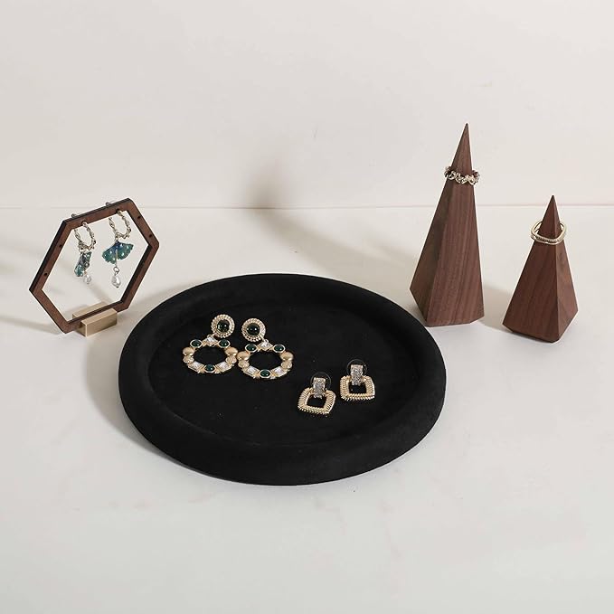 GemeShou Round Jewelry Organizer plate, Top Microfiber velvet Jewerly display tray, Empty Jewelry showcase tray for Necklace Bracelet Ring Earring display stand holder (Black-Medium, 7.9 x 7.9 in)