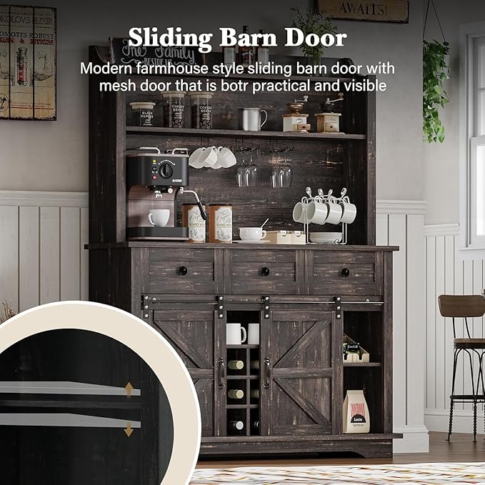 63 Inch Tall Coffee Bar Cabinet with 3-Tier Storage, Kitchen Hutch with 3 Drawers, Farmhouse Coffee Bar with 9 Racks & 3 Glass Holders, Wine Bar Cabinet for Living Dining Room, Oak