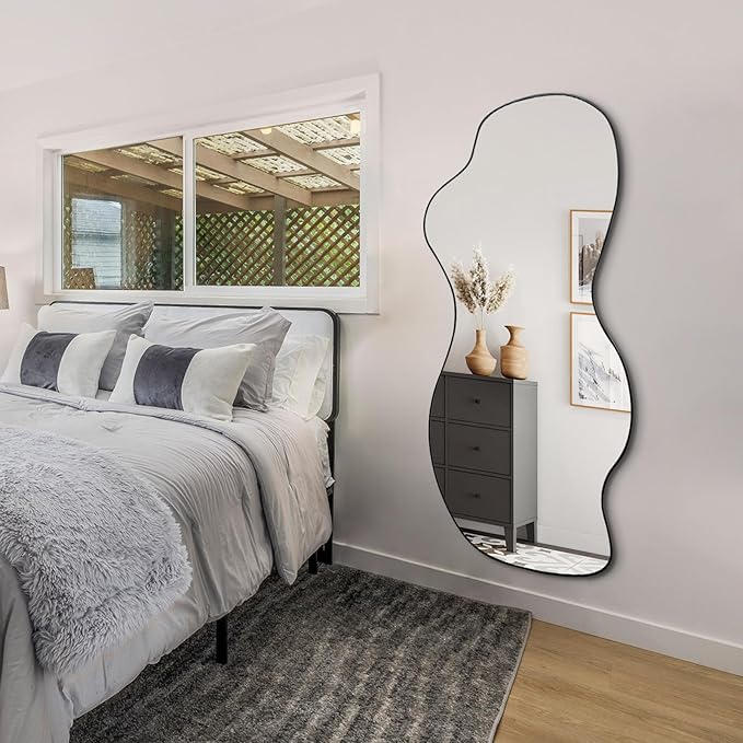 POZINO Irregular Mirror Full Length, Large Asymmetrical Wall Mirror, 63"x30" Wavy Shaped Mirrors, Modern Frameless Decorative Mirrors for Dressing Living Room Bathroom Bedroom Hallway Entryway