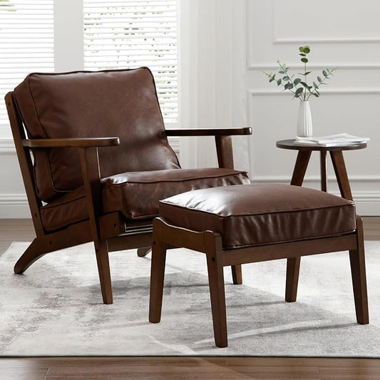 Mid Century Modern Reading Armchair with Ottoman, PU Leather Bedroom Accent Chair, Elegant Upholstered Side Chair in Brown