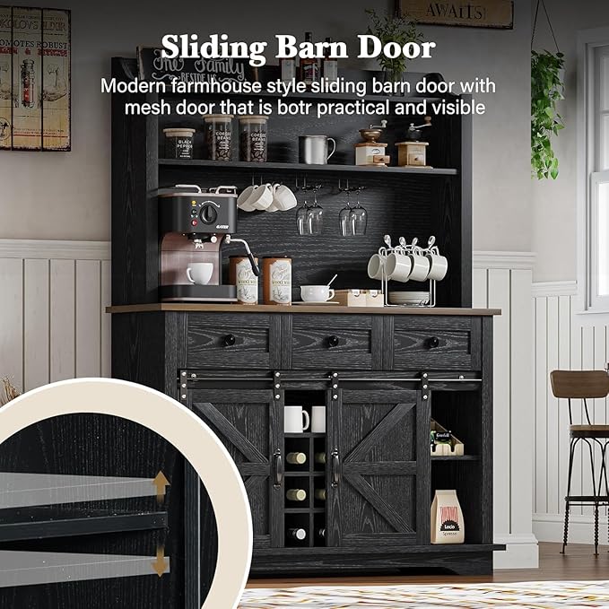 63 Inch Tall Coffee Bar Cabinet with 3-Tier Storage, Kitchen Hutch with 3 Drawers, Farmhouse Coffee Bar with 9 Racks & 3 Glass Holders, Wine Bar Cabinet for Living Dining Room, Black